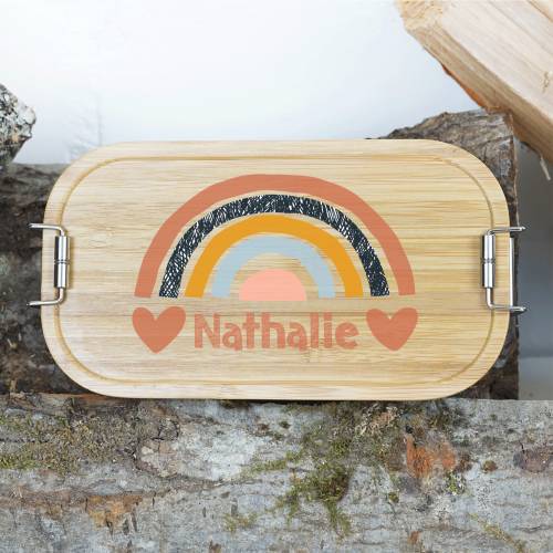 Lunchbox personalisiert, Brotdose für Kinder bedruckt mit Name, Brotbox für Kindergarten, Edelstahldose mit Bambusdeckel