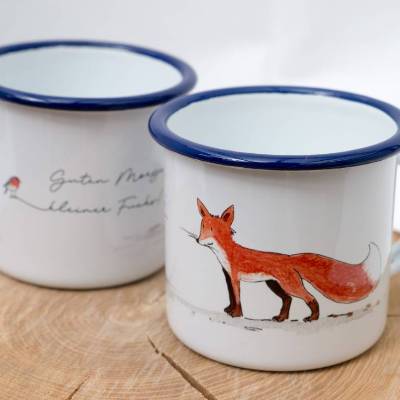 niedliche Emaille-Tasse "Fuchs mit Rotkehlechen"