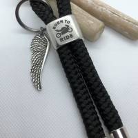 Schlüsselanhänger aus Segelseil/Segeltau, Zwischenstück "BORN TO RIDE" und Motorrad, schwarz, versilberte Adlers Bild 1