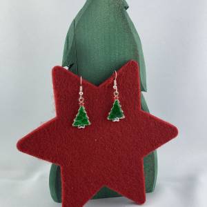 grünes Weihnachtsbäumchen mit rotem Stern * Tannenbaum * Weihnachtsbaumohrringe * Weihnachtsohrringe * Hängeohrringe * C Bild 1