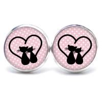 Ohrstecker Ohrhänger Clipse  rosa Pünktchen mit schwarzen Katzen und Herz - verschiedene Größen Edelstahl Geschenkidee Bild 1