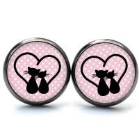 Ohrstecker Ohrhänger Clipse  rosa Pünktchen mit schwarzen Katzen und Herz - verschiedene Größen Edelstahl Geschenkidee Bild 2