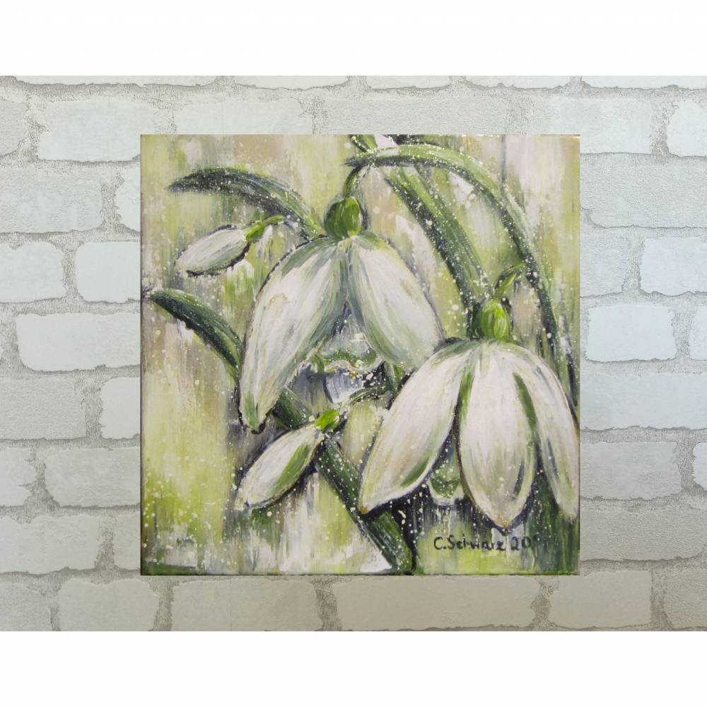 SCHNEEGLÖCKCHEN - wunderschönes Blütenbild 40cm x 40cm, mit Strukturpaste und Glitter Bild 1