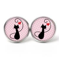 Ohrstecker Ohrhänger Clipse rosa Pünktchen mit verliebter Katze - verschiedene Größen - Edelstahl - Geschenkidee Bild 1