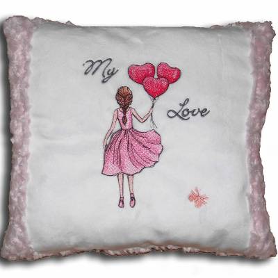 Flauschiges besticktes Kissen weiß mit Mädchen My Love Herz-Luftballons Schmusekissen Geschenkidee für die Liebste Name