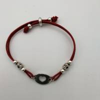 Leder-Perlen-Armband in rot silber, mit Herz-Ornament, 22cm lang variabel anpassbar Bild 3