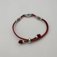 Leder-Perlen-Armband in rot silber, mit Herz-Ornament, 22cm lang variabel anpassbar Bild 5