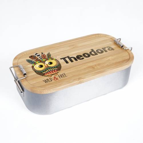 Lunchbox personalisiert, Brotdose für Kinder bedruckt mit Name, Brotbox für Kindergarten, Edelstahldose mit Bambusdeckel
