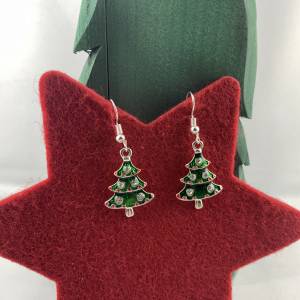 grünes Weihnachtsbäumchen mit Glitzersteinen * Tannenbaum * Weihnachtsbaumohrringe * Weihnachtsohrringe * Hängeohrringe Bild 1