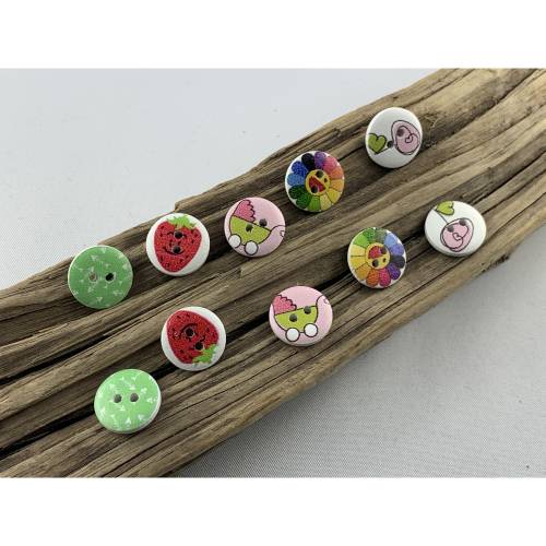 10 Holzknöpfe * mit Erdbeeren, Kinderwagen, Blumen, Gräten und Herz bedruckt * Holz * 15mm * Scrapbooking * Motivknöpfe 