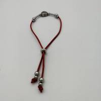 Leder-Armband in rot silber, mit Herz und Perlen aus Edelstahl, 26cm lang variabel Bild 3