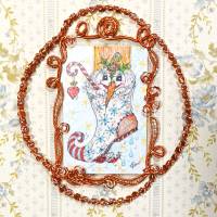 Schneemann im Stiefel handgemalt Minibild Aquarell rosegoldfarben gerahmt wirework Ornament Weihnachtsdeko Bild 1