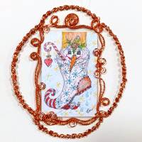 Schneemann im Stiefel handgemalt Minibild Aquarell rosegoldfarben gerahmt wirework Ornament Weihnachtsdeko Bild 6