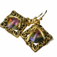 Ohrringe funkelnd Regenbogen Kristallglas handgemacht in wirework goldfarben Bild 1