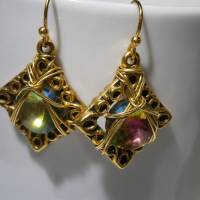 Ohrringe funkelnd Regenbogen Kristallglas handgemacht in wirework goldfarben Bild 5