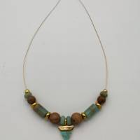 Perlen-Halskette mit Naturstein und Edelstahl in türkis braun gold, 42 cm plus Verlängerungskette Bild 1