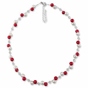 Perlen Kette rot weiß, 925 Silber, Swarovski Strass, Perlencollier, Hochzeitsschmuck, Braut Kette, Halskette Perlen Bild 1