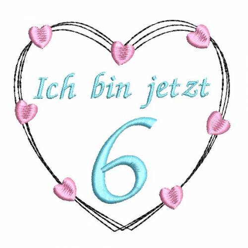 Stickdatei Herz 6. Geburtstag 10x10cm und 13x13cm