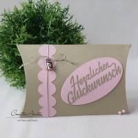 Geschenkverpackung -Pillowbox- Taupe-Altrosa mit Bordüre Bild 1