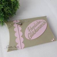 Geschenkverpackung -Pillowbox- Taupe-Altrosa mit Bordüre Bild 2