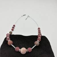 Naturstein Perlen-Halskette mit Edelstahl rosa bordeaux silber 49 cm plus Verlängerungskette Bild 5