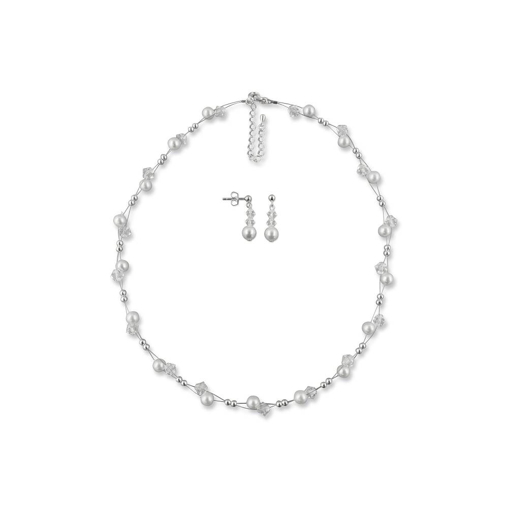 Brautschmuck Set Schmuckset Kette Armband Ohrringe Perlen Weiß Kristall Klar 