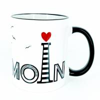 Tasse Moin, Geschenk für Nordsee-Fans, Leuchtturm Möwen, Geschenk-Idee Küsten-Liebhaber Bild 1