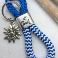 Schlüsselanhänger aus Segelseil/Segeltau; Zwischenstück: "Bazi" und Berge, blau/weiß, Anhänger: versilbertes Ede Bild 1