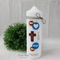 Taufkerze Christlich in Blau-Braun - personalisiert inkl. Aufbewahrungsbox Bild 1