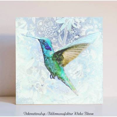 KOLIBRI & BLÜTEN Tierbild Vogel auf Holz Leinwand Print Wanddeko Landhausstil Vintage Style Shabby Chic handmade kaufen