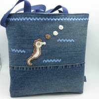 Strandtasche 'Seepferdchen', Jeanstasche, Handarbeit, Upcycling-Unikat, hessmade Bild 1
