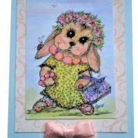Karte Hase mit Kette und Blütenkranz Frühling retro romantisch als Druck Ostern Bild 2