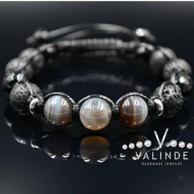 Herren Armband aus Edelsteinen Lava Achat und Botswana Achat mit Knotenverschluss, Makramee Armband, 10 mm