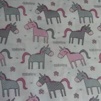 9,70 EUR/m Stoff Baumwolle Unicorn / Einhorn, süße Einhörner rosa, grau auf weiß Bild 1