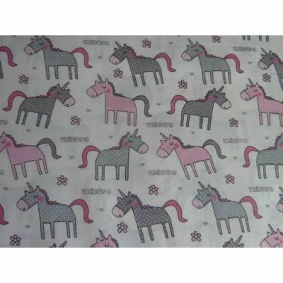 0,75m RESTSTÜCK Stoff Baumwolle Unicorn / Einhorn, süße Einhörner rosa, grau auf weiß
