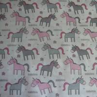 9,70 EUR/m Stoff Baumwolle Unicorn / Einhorn, süße Einhörner rosa, grau auf weiß Bild 3