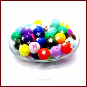 45 bunte Perlen mit weißen Sternen 16mm Kugeln Farbmix, Acryl Bild 1