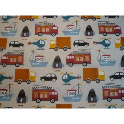12,00 EUR/m Stoff Baumwolle Fahrzeuge, Hubschrauber, Raketen auf cremeweiß / ecru / Engins