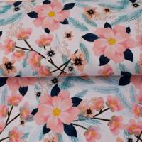 Baumwolljersey Stoffe-Enjoy every moment Frühlingsstoffe Blumen apricot blau weiß Frühling Meterware nähen Kleider Shirt Bild 1