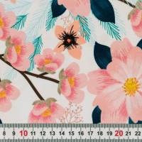 Baumwolljersey Stoffe-Enjoy every moment Frühlingsstoffe Blumen apricot blau weiß Frühling Meterware nähen Kleider Shirt Bild 4