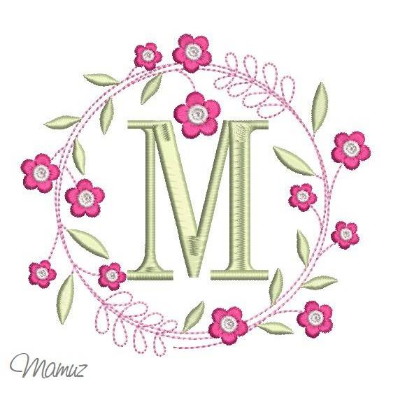 Monogramm  *  M  *  im Frühlings atemberaubendem Blumenkranz - Stickdateien in 5 Größen