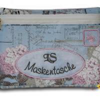 Waschbare romantische Masken-Tasche Hortensie zartes hellblau französischer Schriftzug mit Namen Stickerei Bild 1