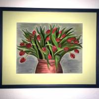 Großes original Pastellkreide - Bild, rote Tulpen in Tonvase, 49 X 64,7 Bild 1