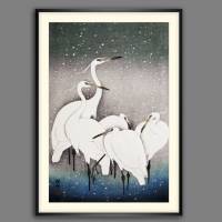 Japanische Kunst - Reiher Vogelbild -  Kunstdruck Poster Druck  -  Vintage Bild - Holzschnitt - Geschenk Bild 1