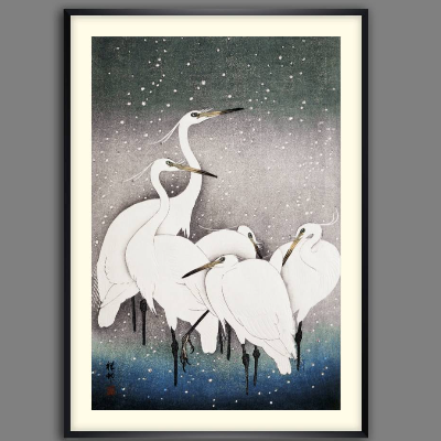 Japanische Kunst - Reiher Vogelbild -  Kunstdruck Poster Druck  -  Vintage Bild - Holzschnitt - Geschenk