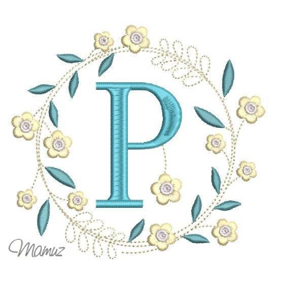 Monogramm  *  P  *  im Frühlings atemberaubendem Blumenkranz - Stickdateien in 5 Größen