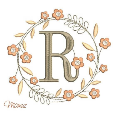 Monogramm  *  R  *  im Frühlings atemberaubendem Blumenkranz - Stickdateien in 5 Größen