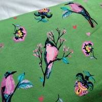 French-Terry Sweatshirtstoff grün mit Vögeln und Blumen, Breite 1,55 m Bild 1