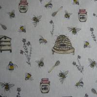 12,60 EUR/m Stoff Canvas / Dekostoff Bienen / Bienenstöcke / Honig / Imkern auf hellbeige Leinenoptik Bild 1