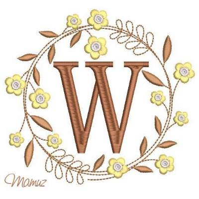 Monogramm  *  W  *  im Frühlings atemberaubendem Blumenkranz - Stickdateien in 5 Größen